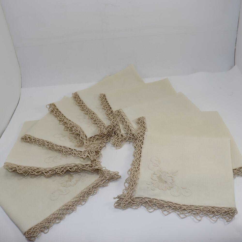 Vintage‎ Cream Linen Napkins w Crochet Lace Set of 9